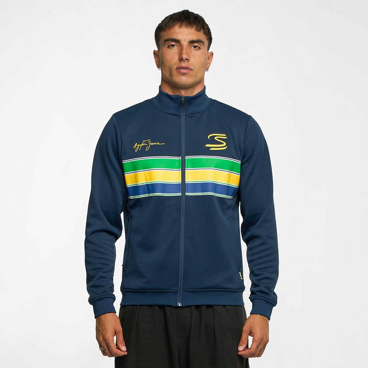 AyrtonSenna｜アイルトン・セナ レトロ ストライプ ジャケット｜アウター｜ネイビー｜モデル着用