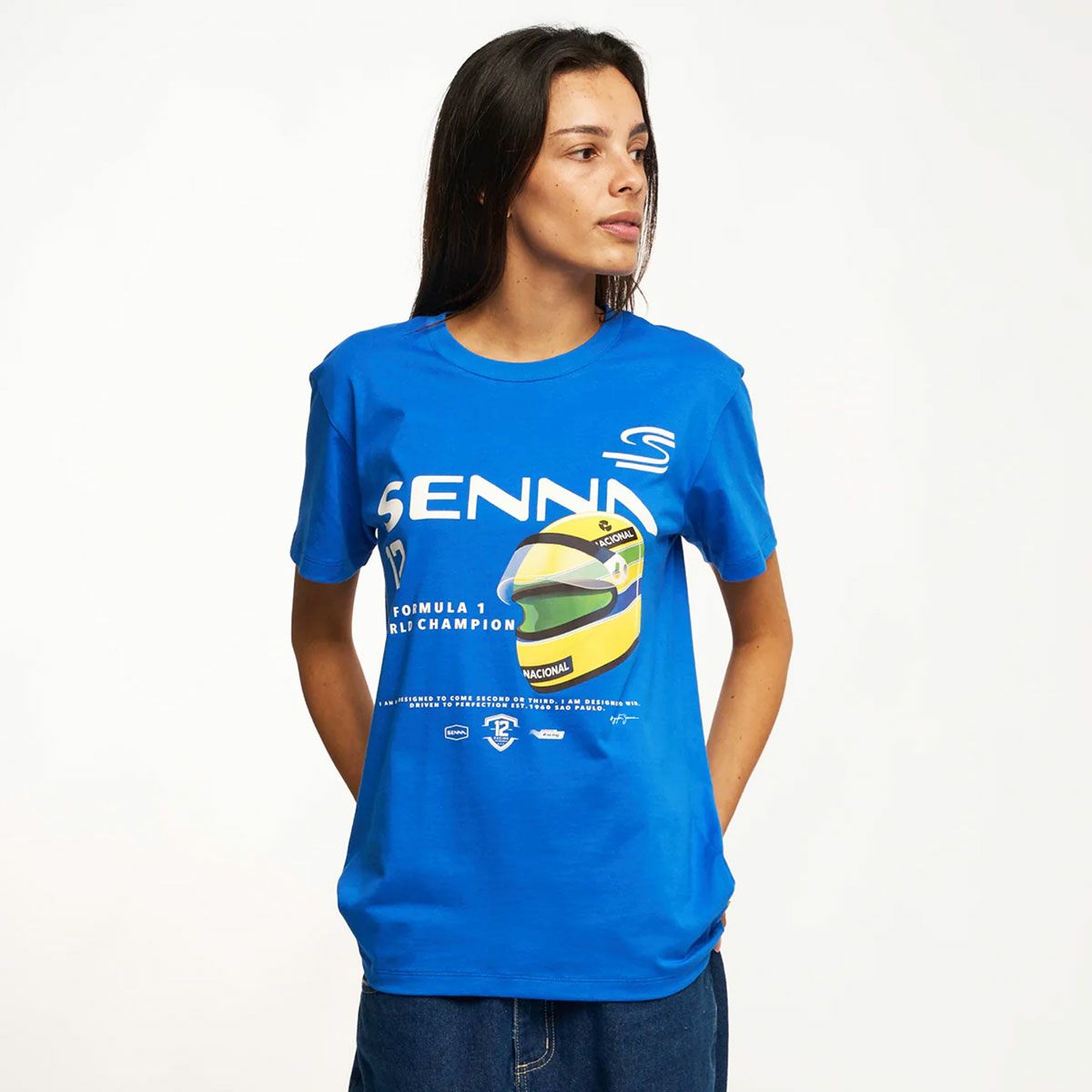 AyrtonSenna｜アイルトン・セナ 12 グラフィック Tシャツ｜ブルー｜モデル着用