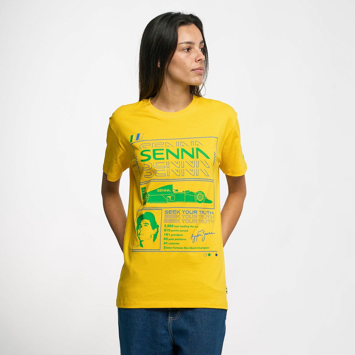 AyrtonSenna｜アイルトン・セナ レース Tシャツ｜イエロー｜モデル着用
