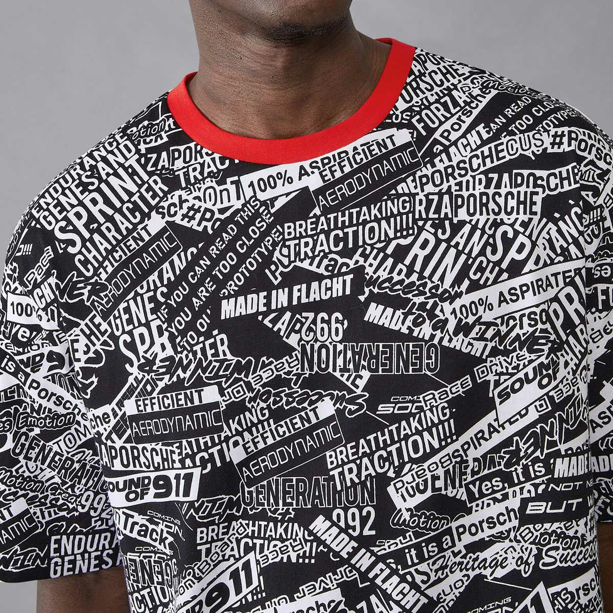 PORSCHE｜ポルシェ モータースポーツ FW オーバーサイズ Tシャツ｜ブラック×レッド｜モデル着用