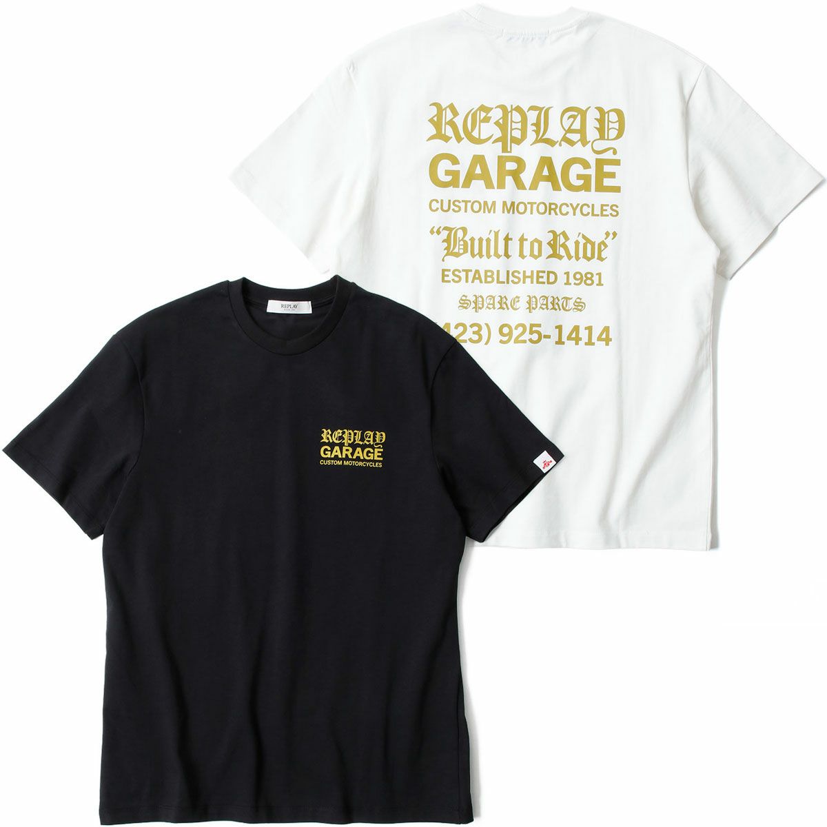 REPLAY｜"リプレイ ガレージ"チェスト プリント Tシャツ｜トップス