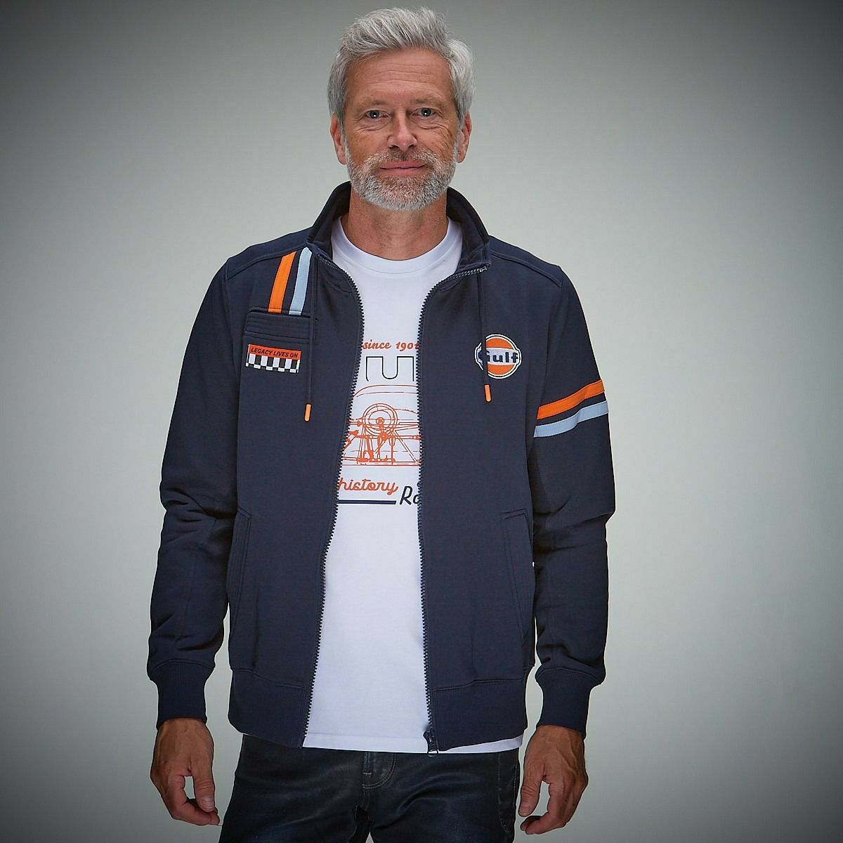 GULF｜ガルフ ハイブリッド ジップ ジャケット｜スウェット｜ネイビー｜モデル着用