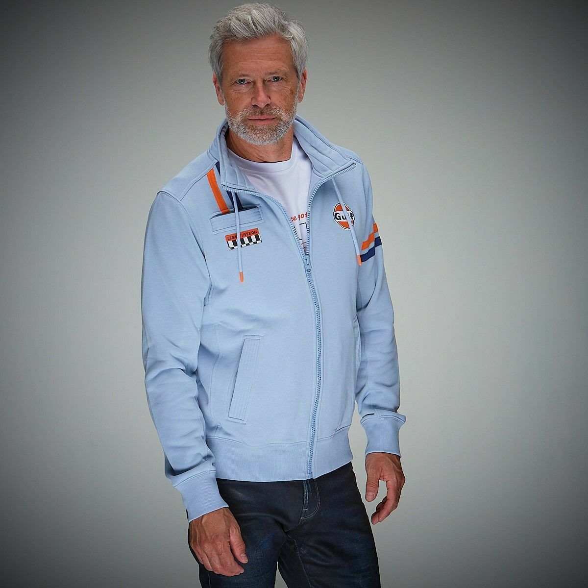 GULF｜ガルフ ハイブリッド ジップ ジャケット｜スウェット｜ライトブルー｜モデル着用