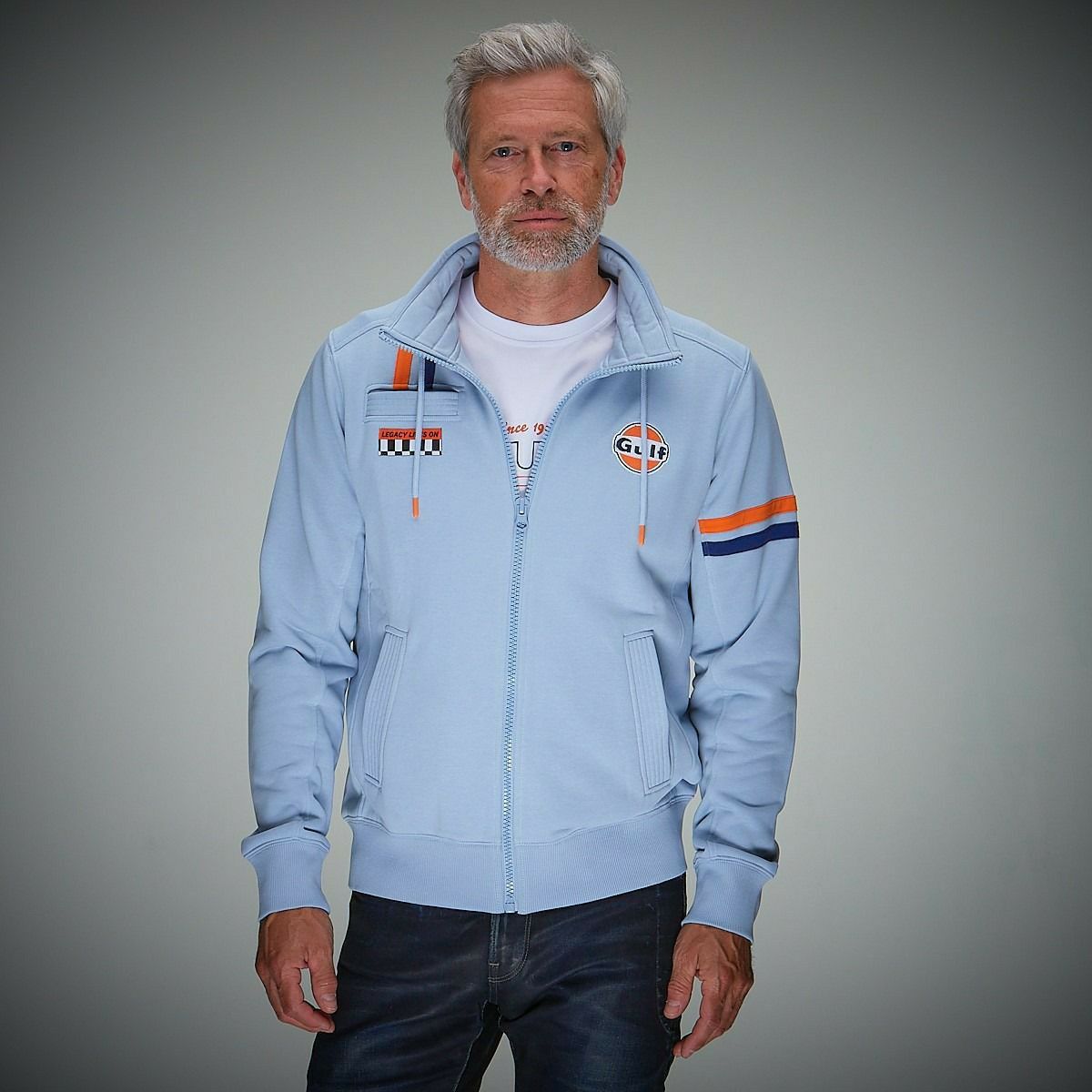 GULF｜ガルフ ハイブリッド ジップ ジャケット｜スウェット｜ライトブルー｜モデル着用