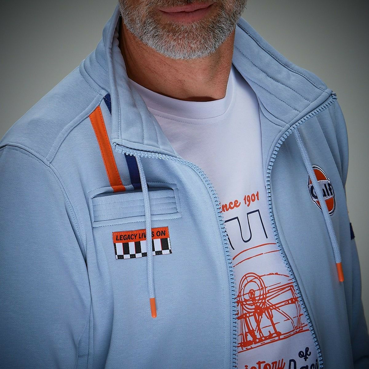 GULF｜ガルフ ハイブリッド ジップ ジャケット｜スウェット｜ライトブルー｜モデル着用