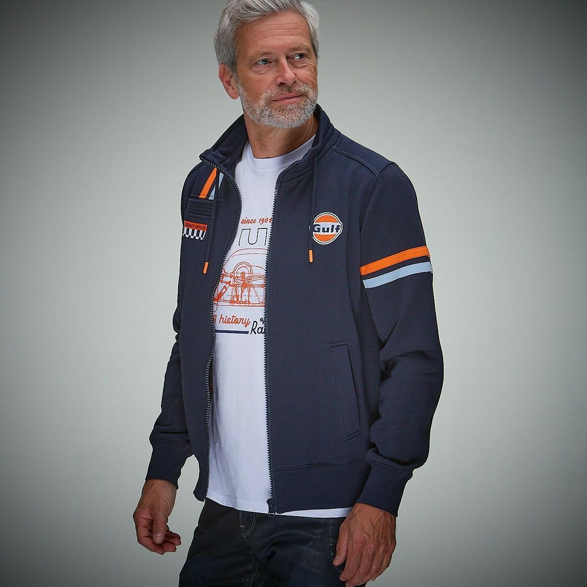 GULF｜ガルフ ハイブリッド ジップ ジャケット｜スウェット｜ネイビー｜モデル着用