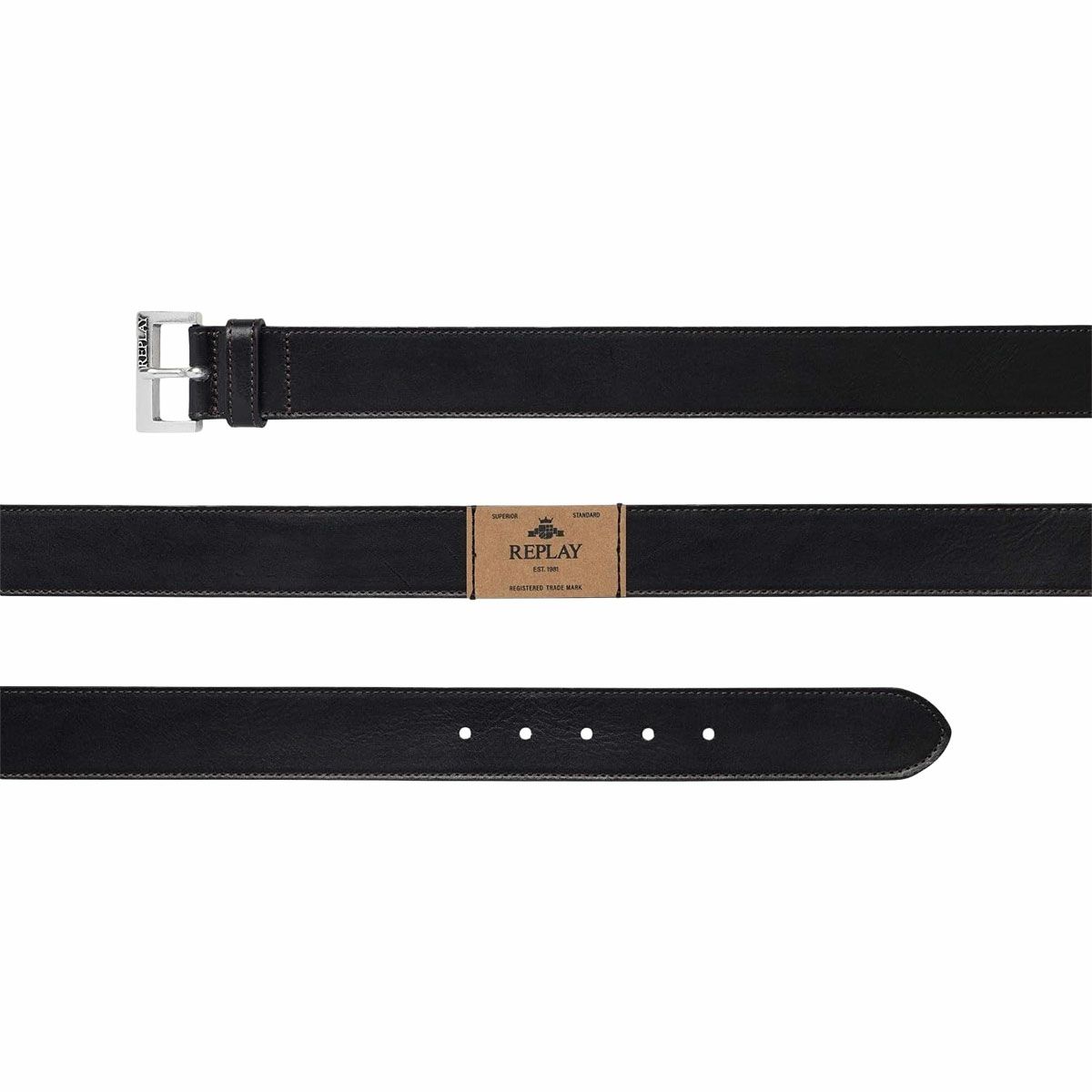 REPLAY｜メンズ エンボス ロゴ レザー ベルト｜雑貨｜ブラック