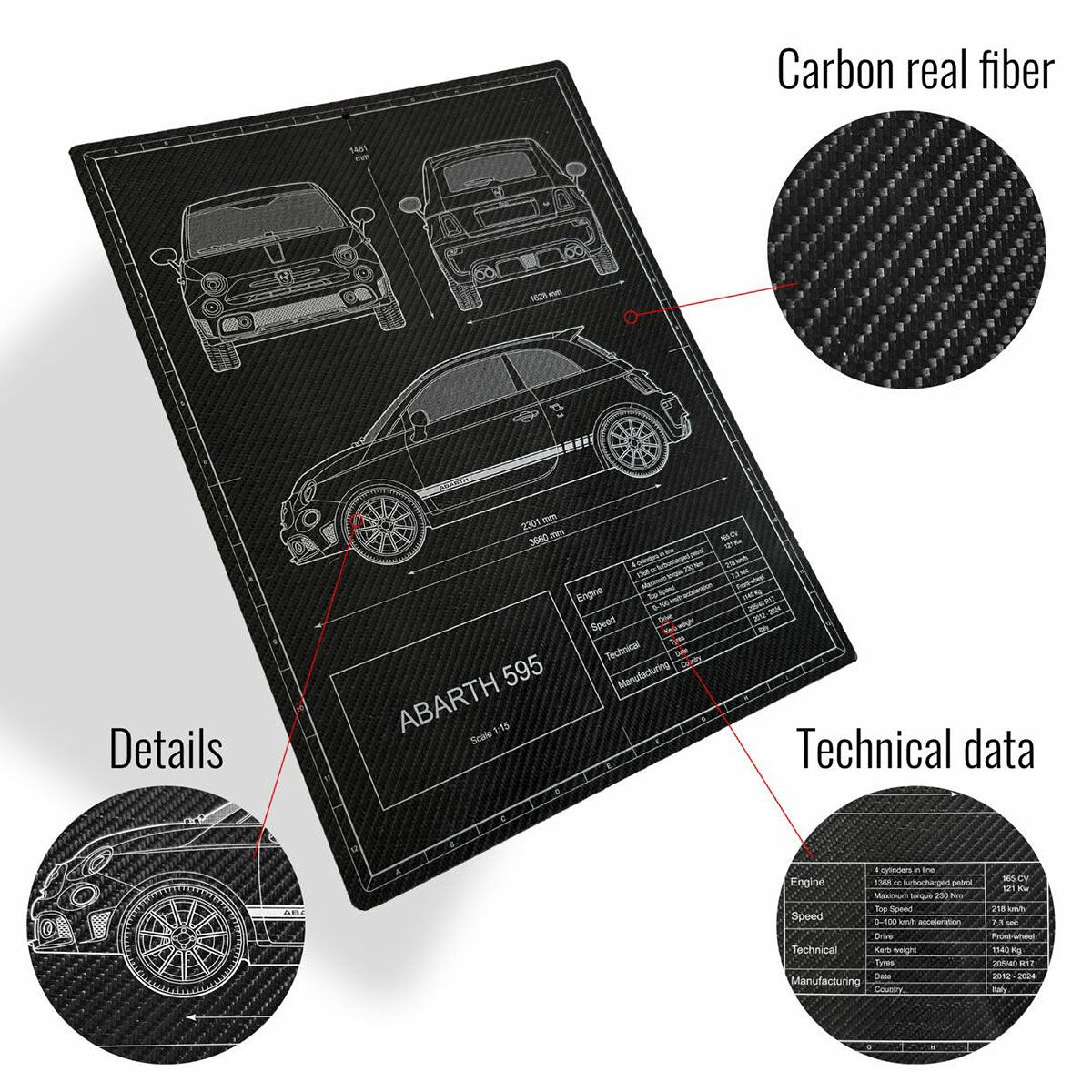 ABARTH｜アバルト 595 ウォールデコ カーボンファイバールック 39.5 × 29.7 cm｜ポスター