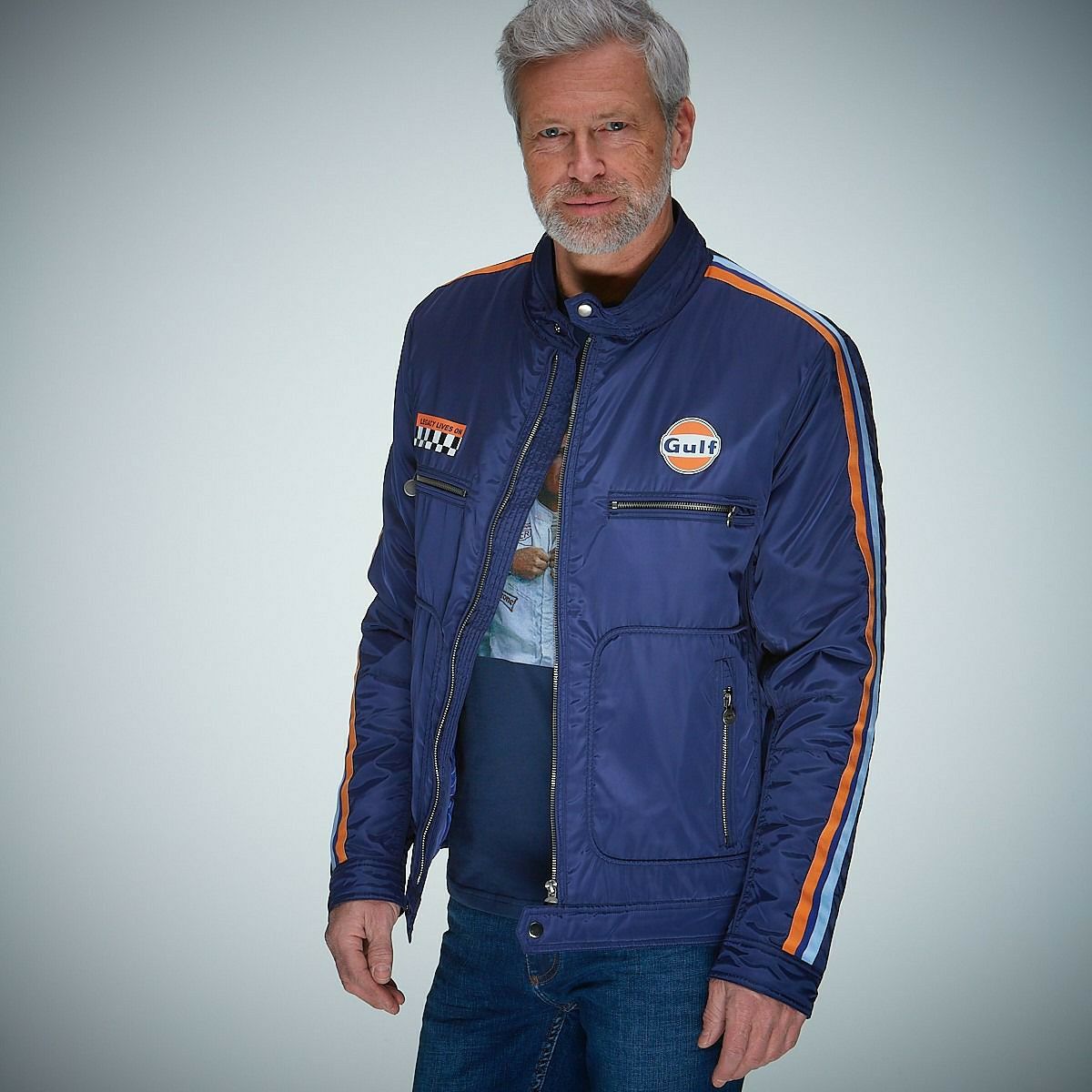 GULF｜ガルフ レーシング ジャケット｜アウター｜ネイビー｜モデル着用