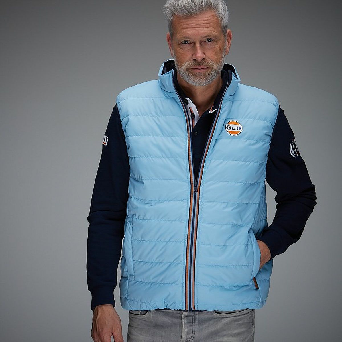 GULF｜ガルフ リバーシブル ベスト｜ウェア｜ライトブルー｜モデル着用