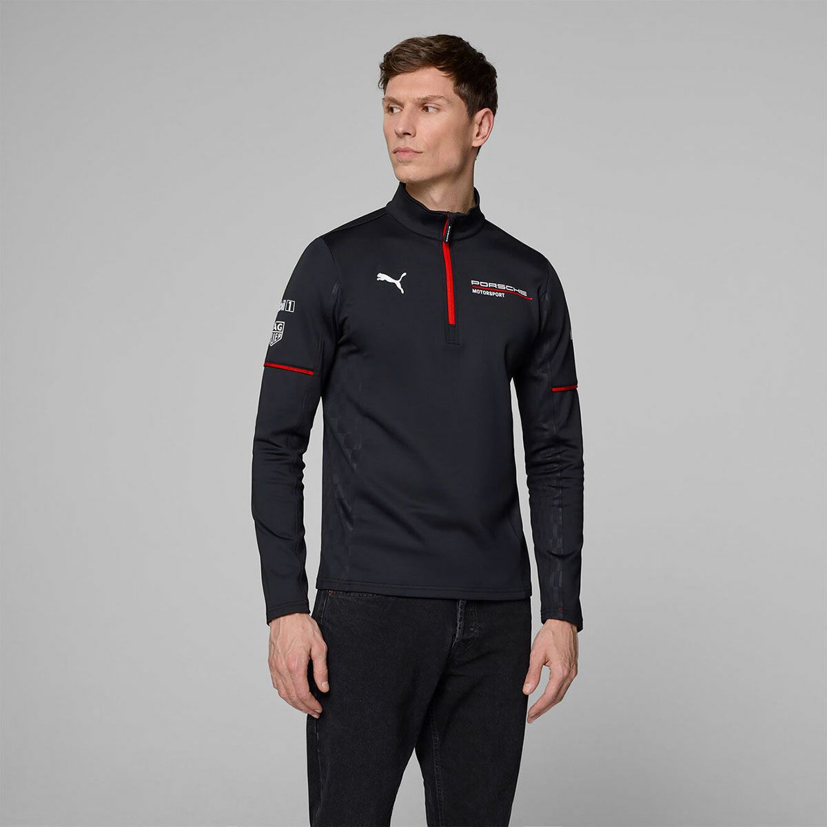 PORSCHE｜ポルシェ モータースポーツ レプリカ ミッドレイヤー｜ロングスリーブ｜ブラック｜モデル着用