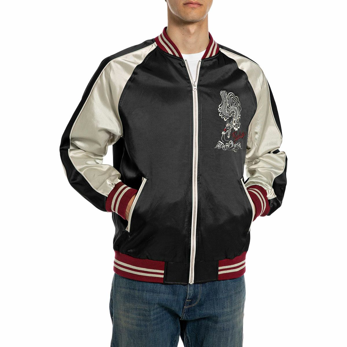 REPLAY｜サテンボンバージャケット｜アウター｜ブラック