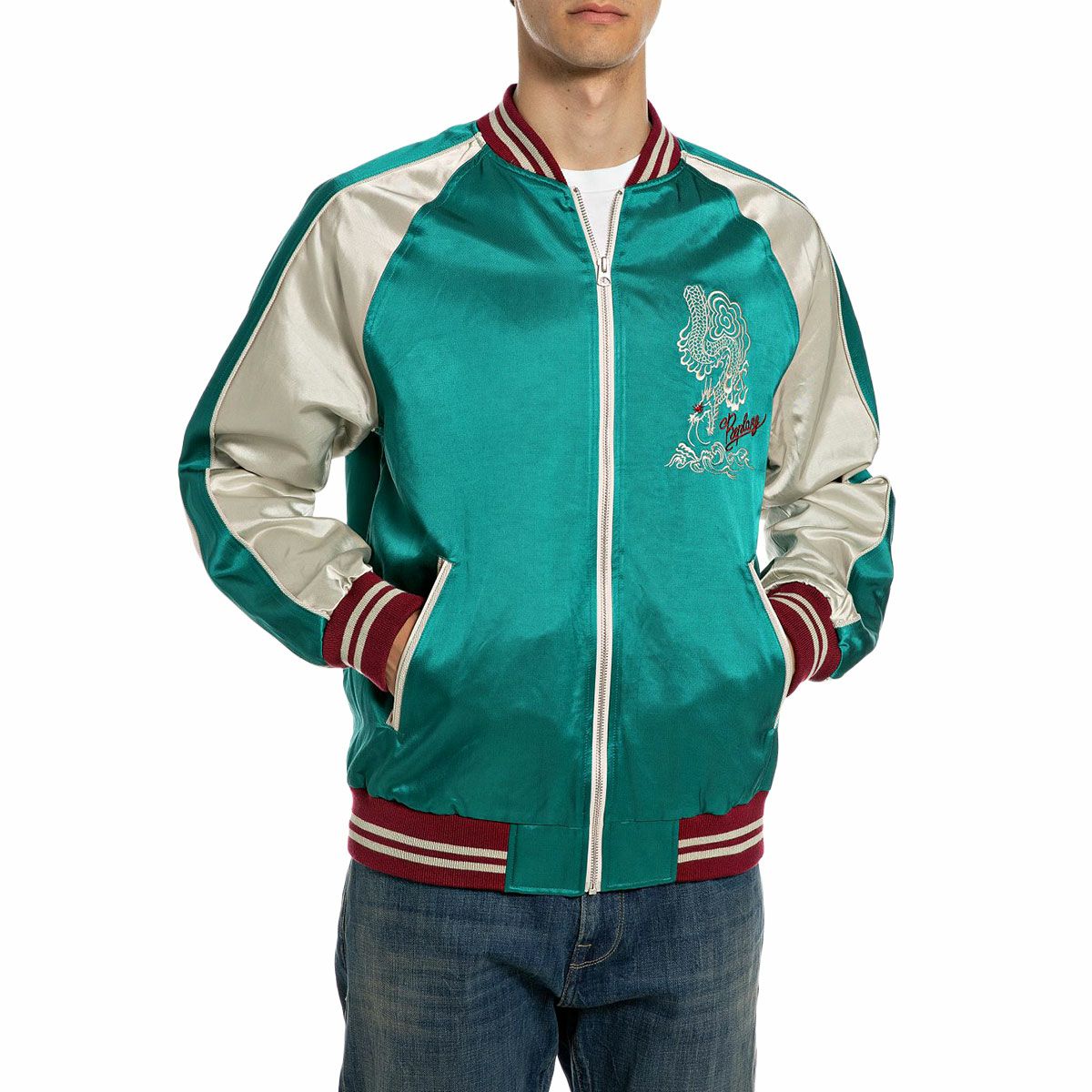 REPLAY｜サテンボンバージャケット｜アウター｜エメラルドグリーン