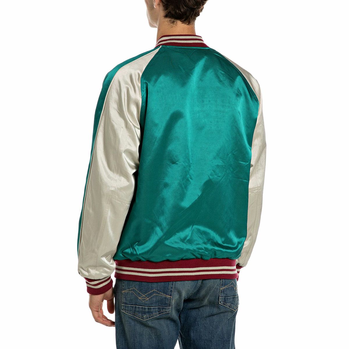 REPLAY｜サテンボンバージャケット｜アウター｜エメラルドグリーン｜モデル着用