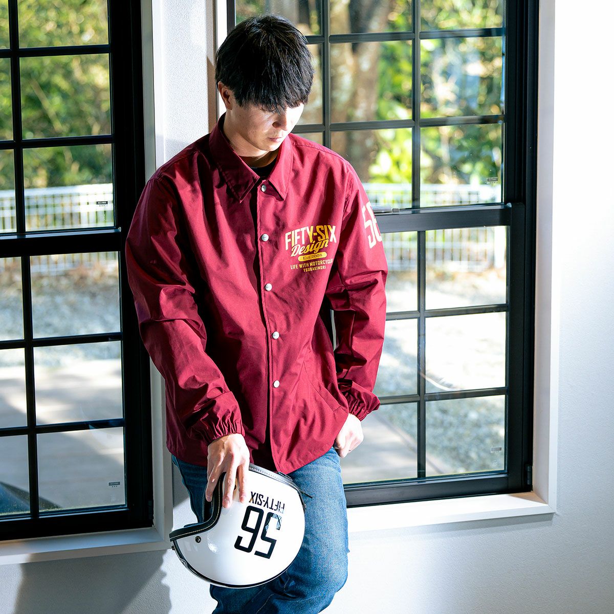 56design｜ライディング コーチ ジャケット 4｜アウター｜バーガンディ｜モデル着用