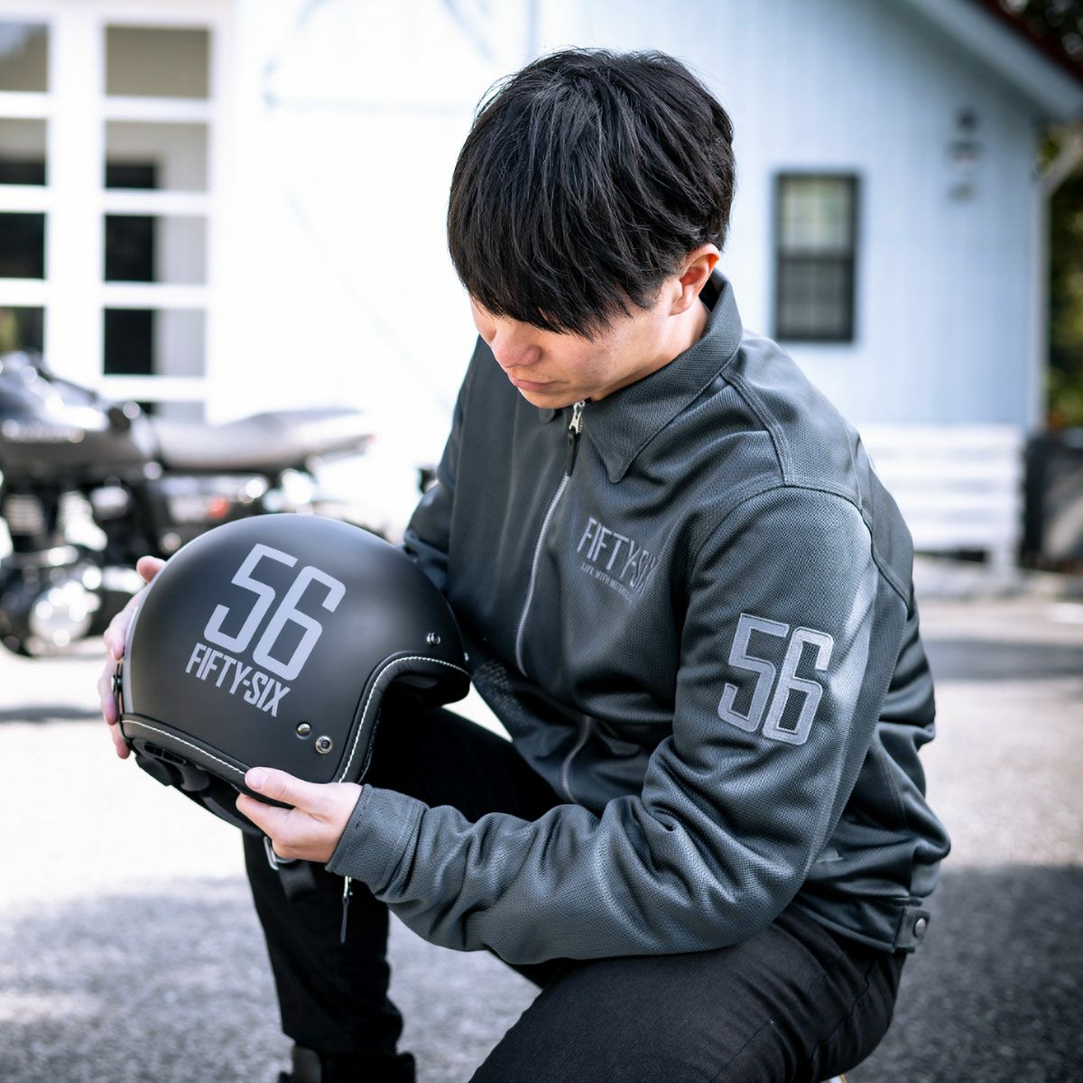 56design｜ワーカー メッシュジャケット ’26｜アウター｜チャコール｜モデル着用