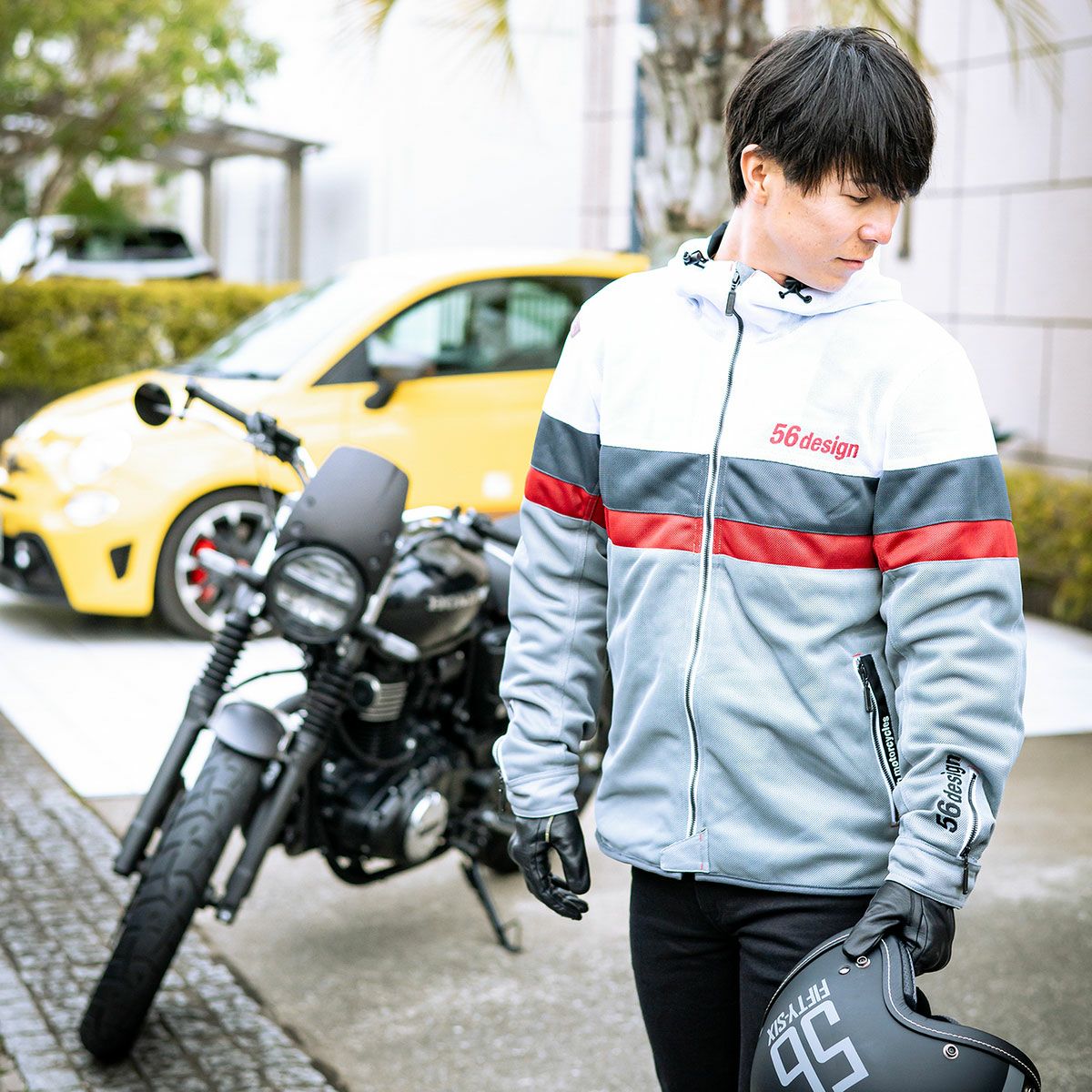 56design｜レトロ ボーダー メッシュ パーカー｜アウター｜ホワイト×レッド｜モデル着用